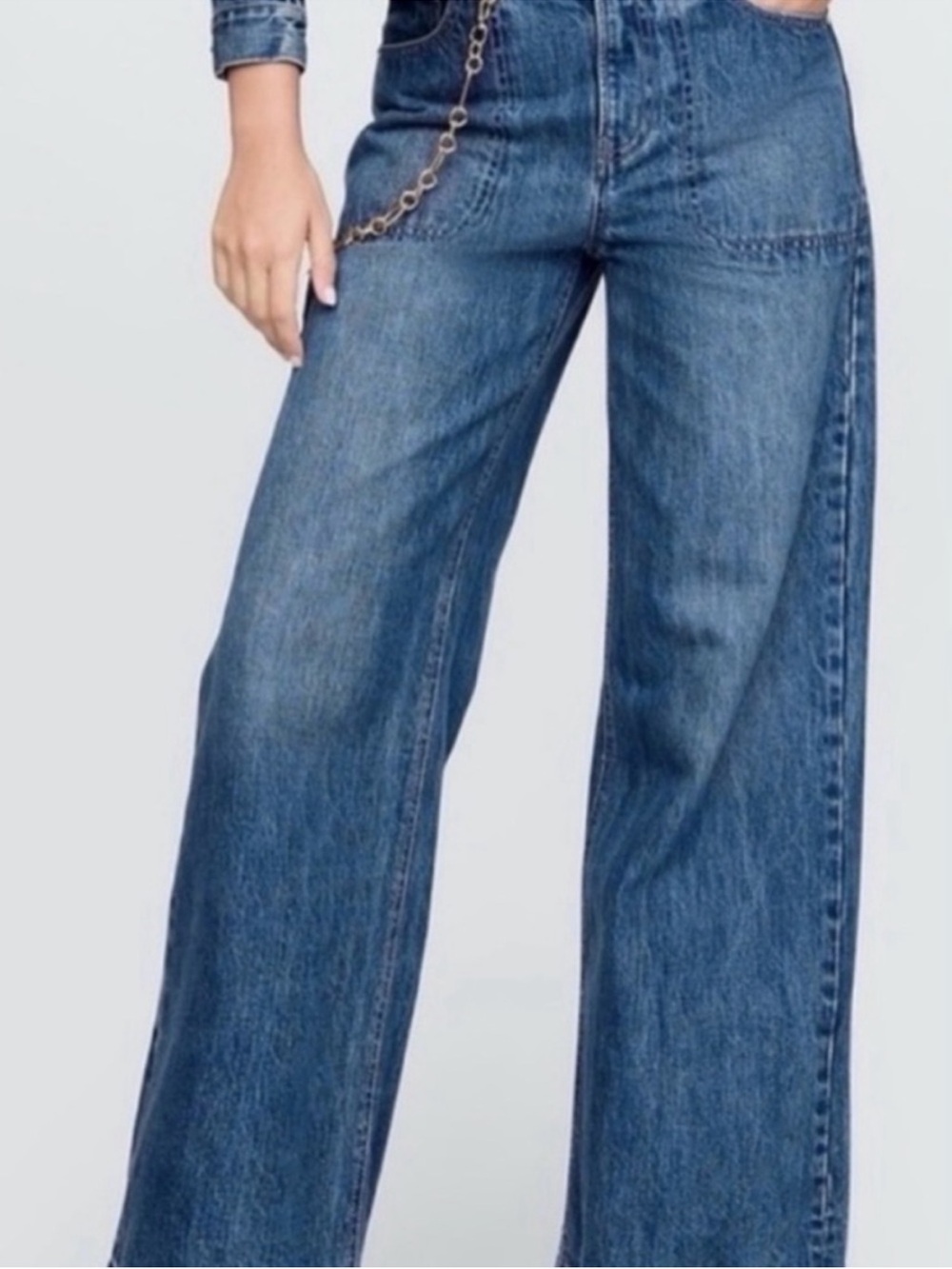 Gap x Cult Gaia High Rise Stride Chain Jeans Medium Indigo Size 14R w/Chain - Picture 2 of 7